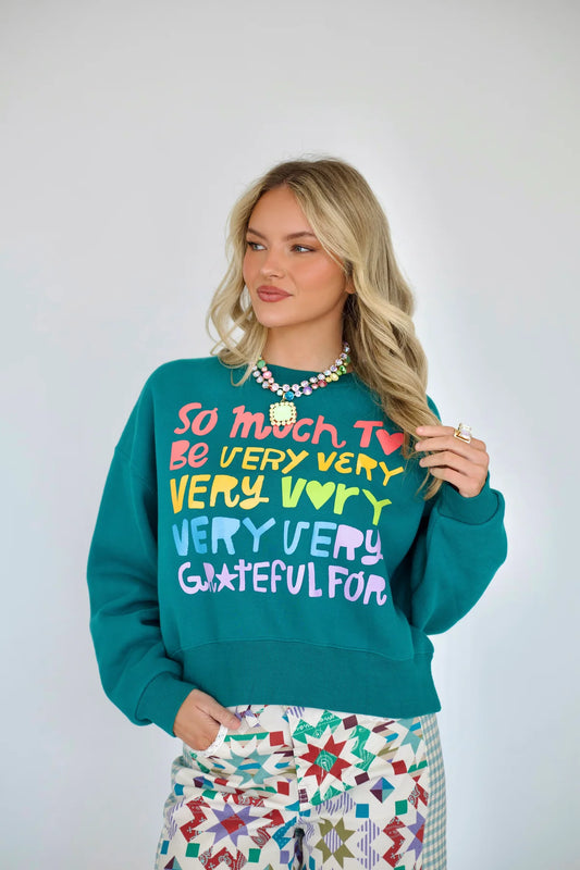 So Very Very Grateful Crop Sweatshirt - Teal