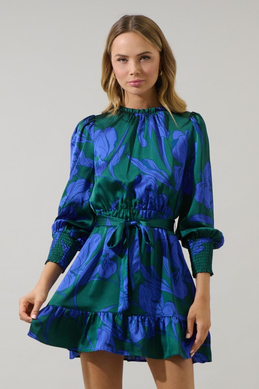 BUSBEE FLORAL SEVILLA SATIN RUFFLE DRESS