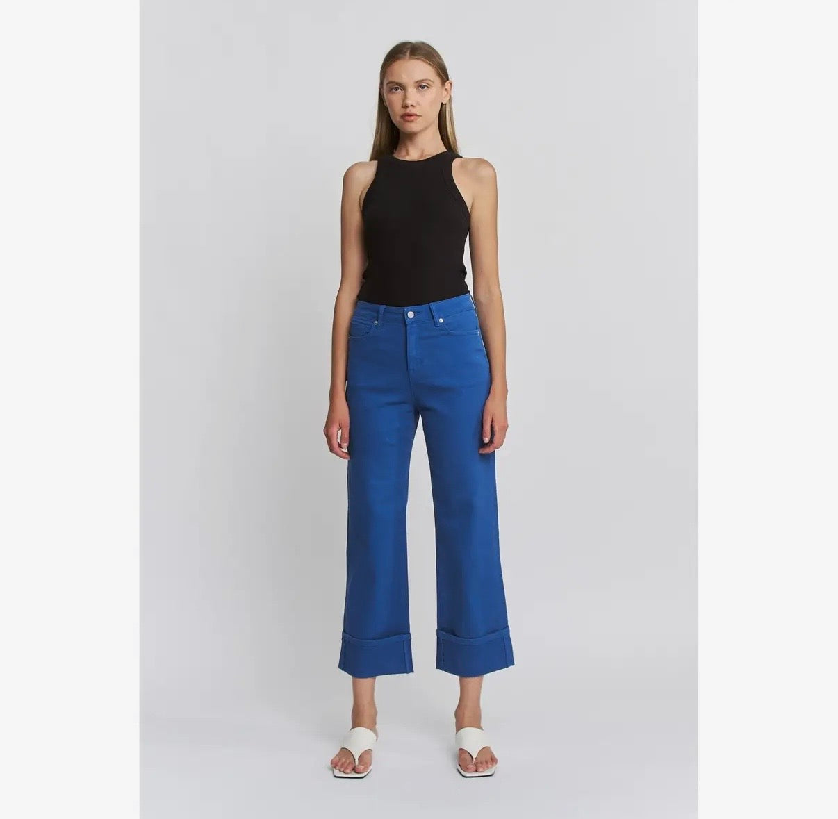 Bold Blue High Rise Cuff Crop Jeans