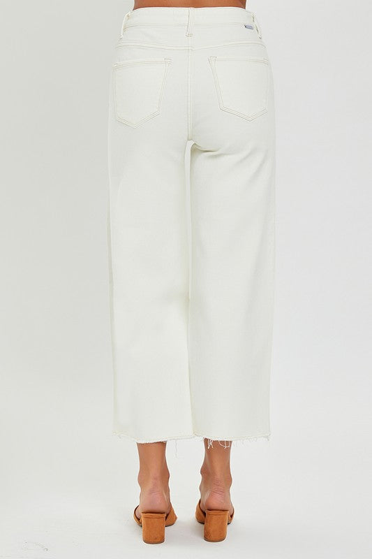 Risen - Tummy Control High Rise Crop Wide Jeans - Cream
