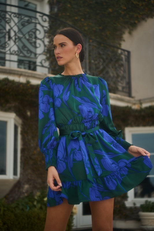 BUSBEE FLORAL SEVILLA SATIN RUFFLE DRESS