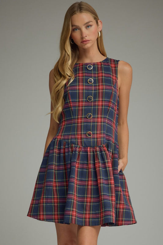 Tartan Plaid Drop Waist Mini - Blue
