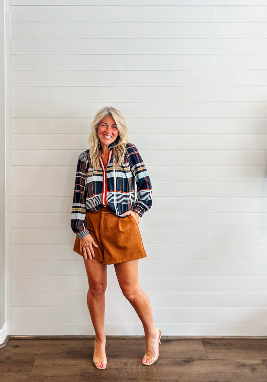 THML Navy Plaid Long Sleeve Top