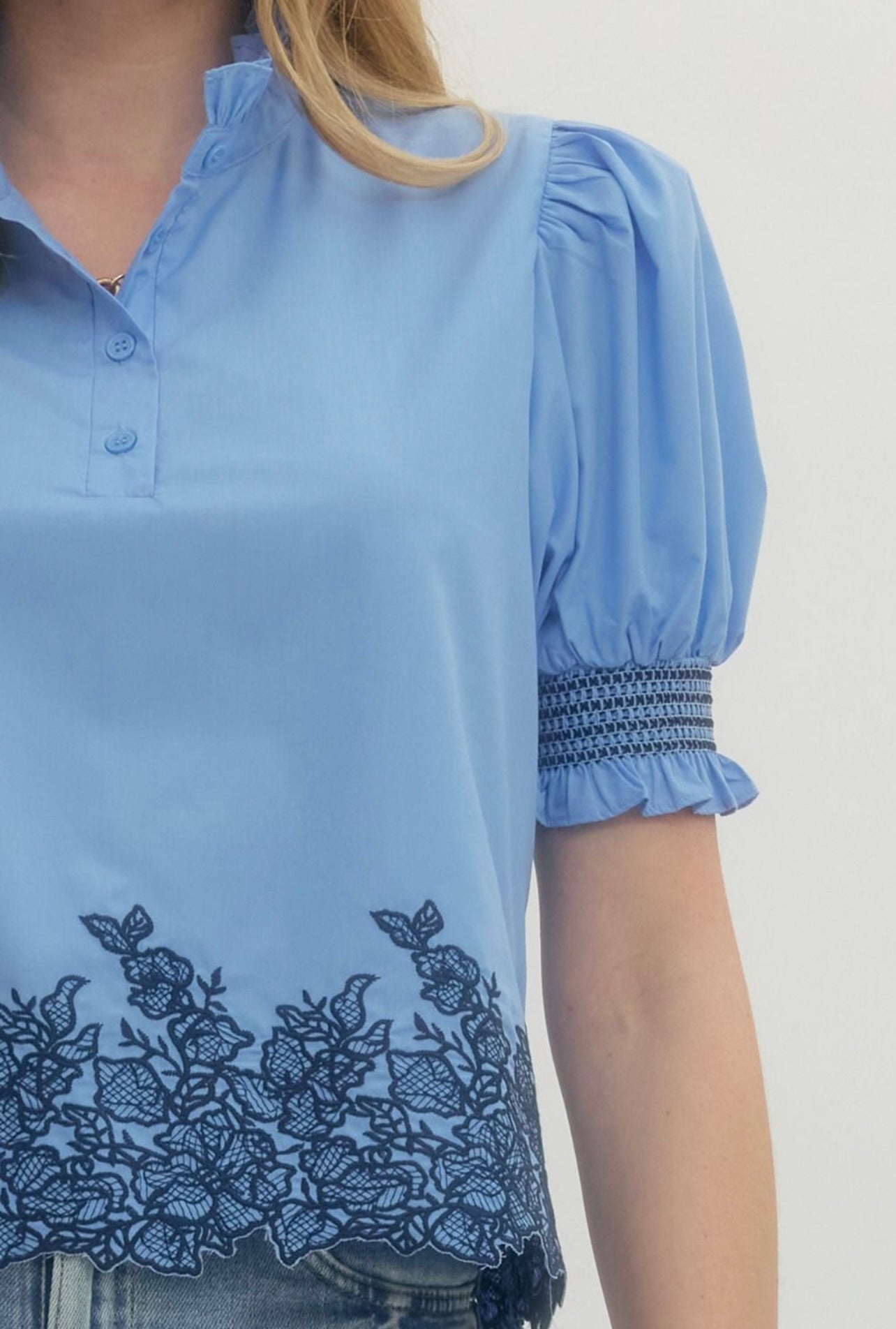 Blue Embroidered Hem Top
