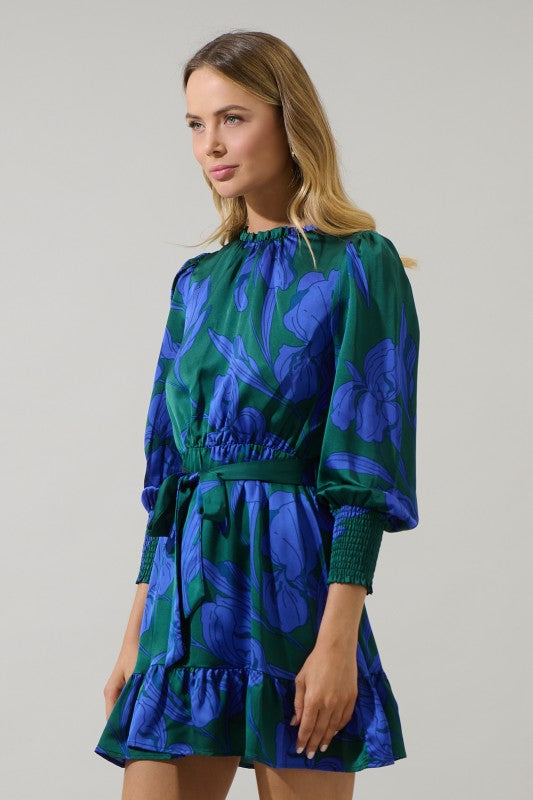 BUSBEE FLORAL SEVILLA SATIN RUFFLE DRESS