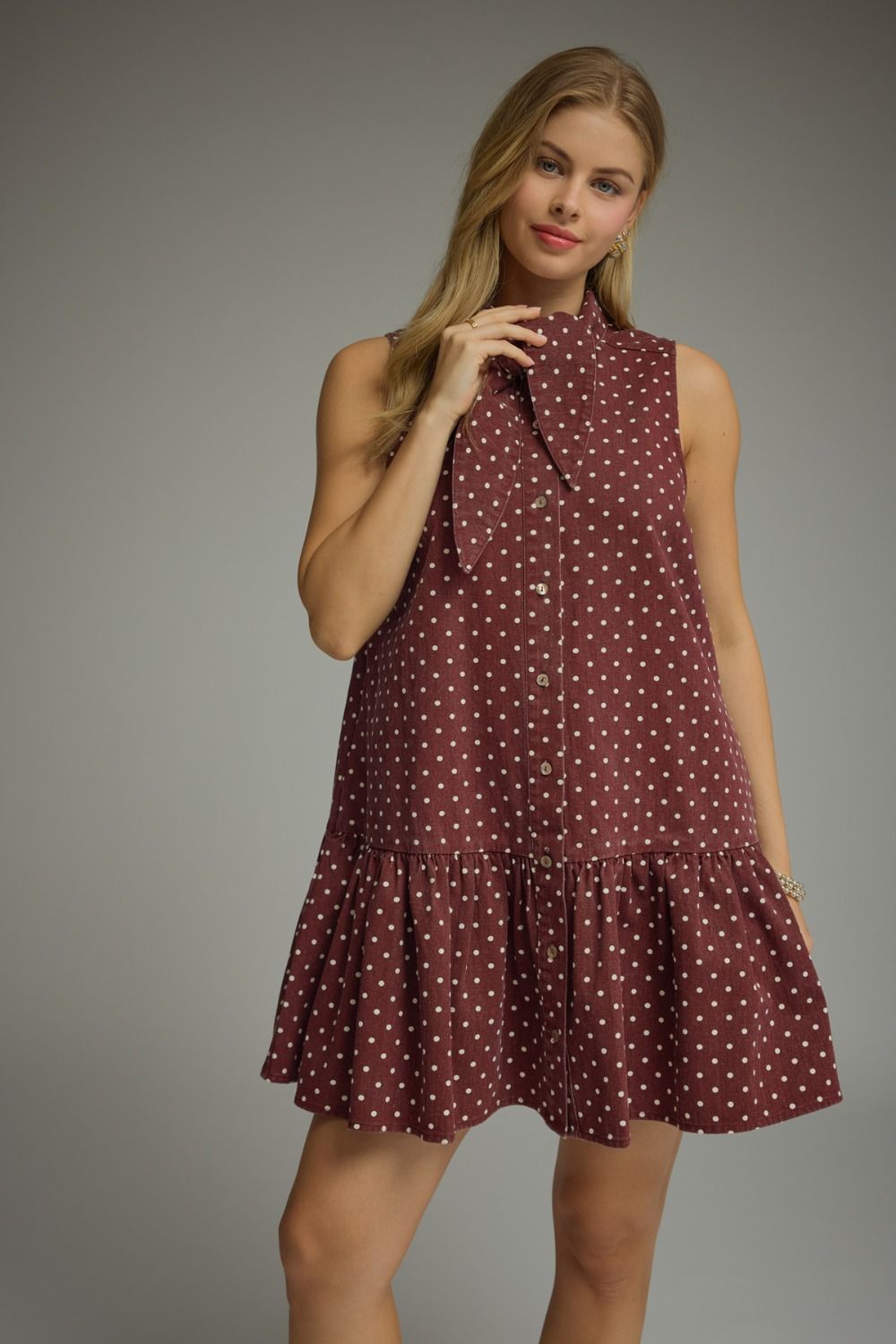 BURGUNDY POLKA DOT COTTON TIE-NECK MINI DRESS