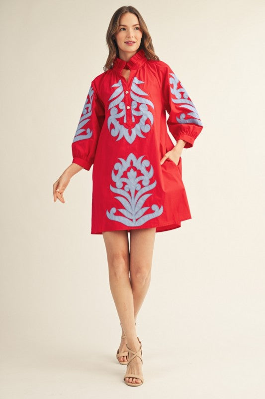 Floral Applique Shift Dress - Red