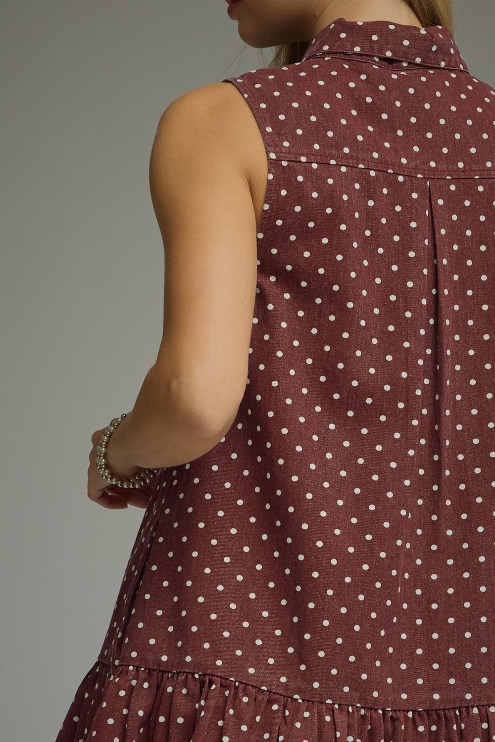 BURGUNDY POLKA DOT COTTON TIE-NECK MINI DRESS