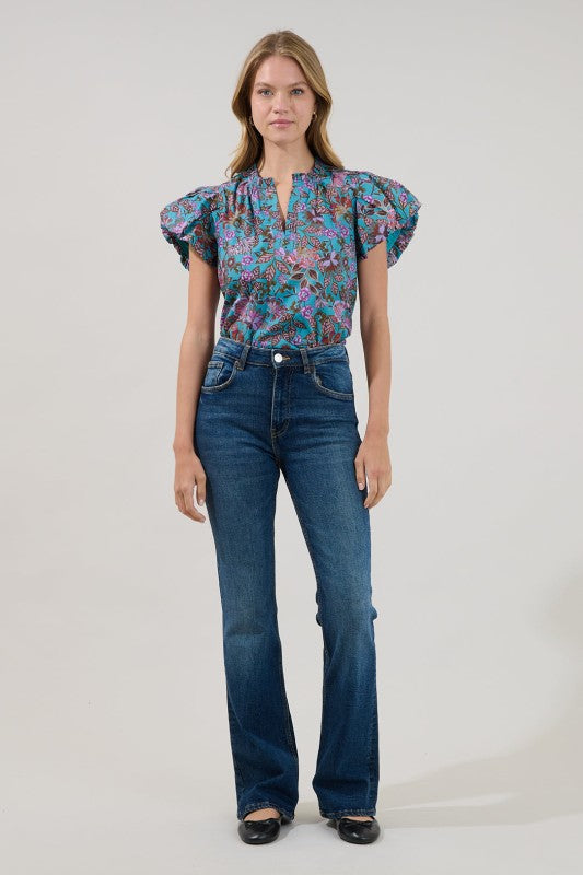 KENI SPLIT NECK TOP BERLIN FLORAL