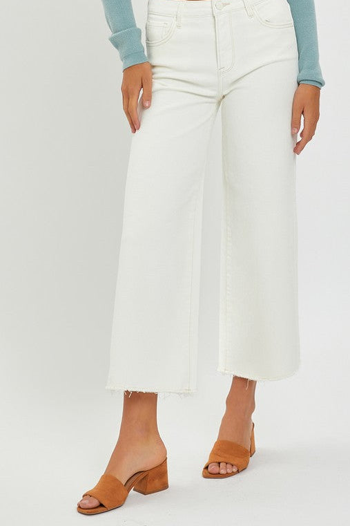 Risen - Tummy Control High Rise Crop Wide Jeans - Cream