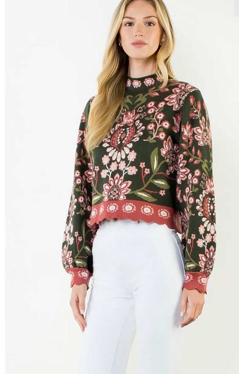THML High Neck Long Sleeve Floral Sweater in Olive