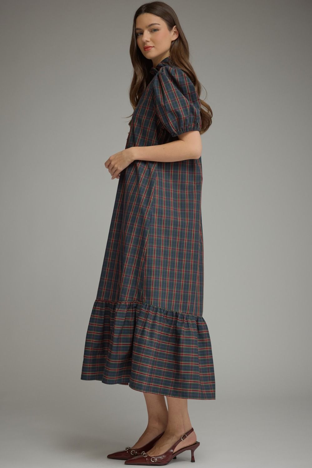 Plaid Midi Dress - Green