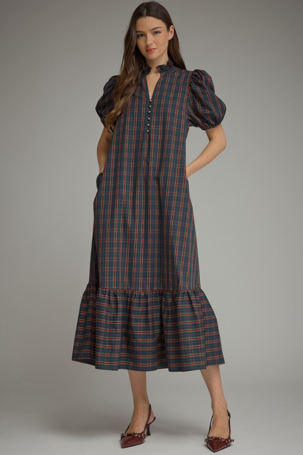 Plaid Midi Dress - Green