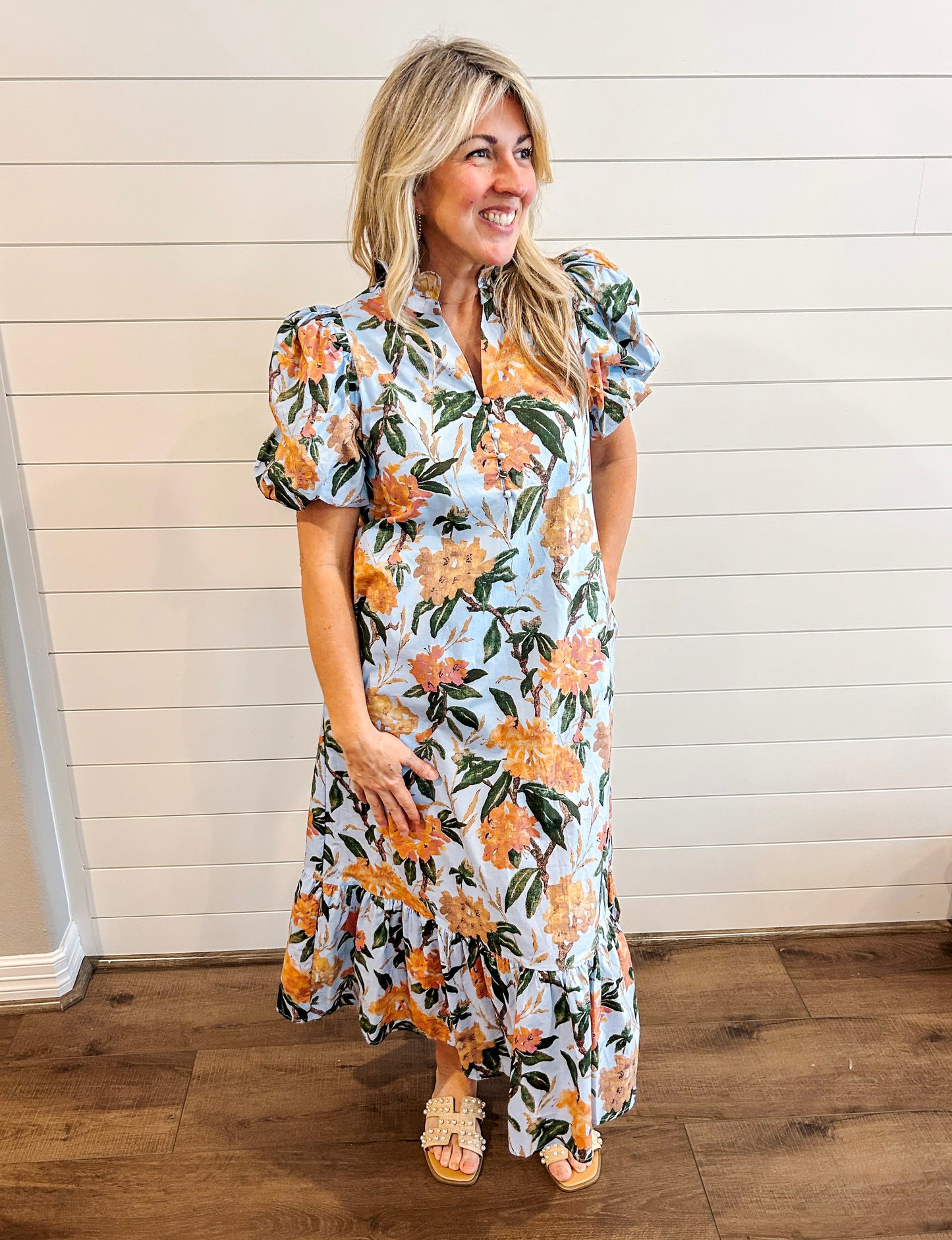 Floral Print Ruffled Neck Midi Dress