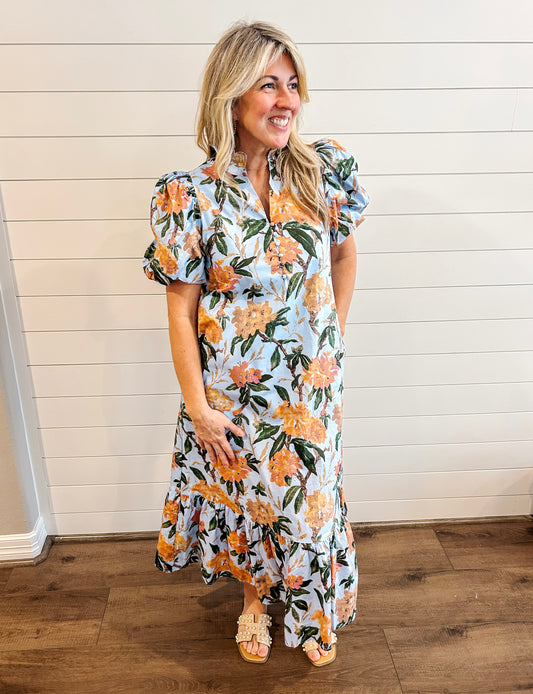 Floral Print Ruffled Neck Midi Dress