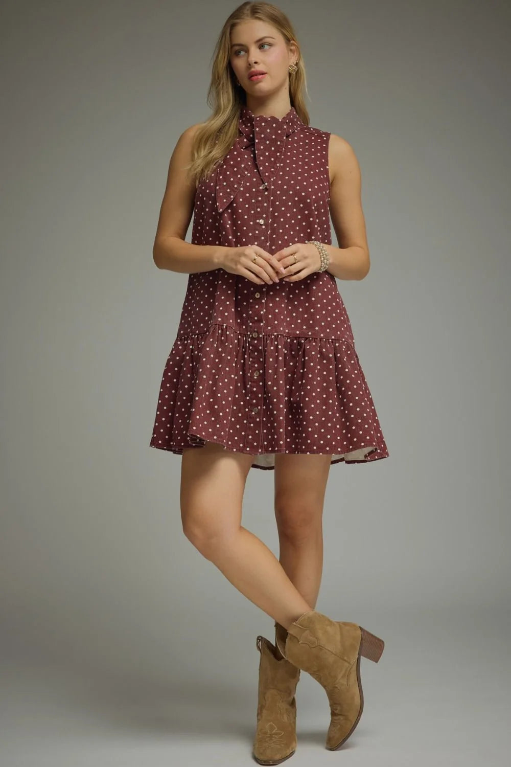 BURGUNDY POLKA DOT COTTON TIE-NECK MINI DRESS