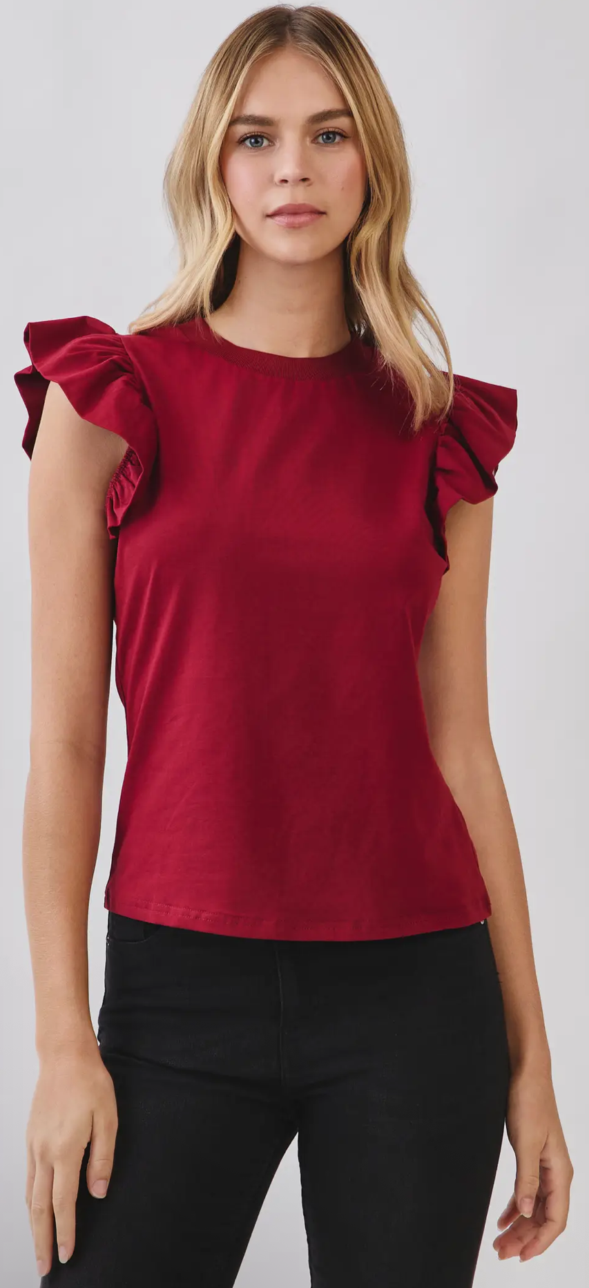 Crimson Ruffle Cap Sleeve