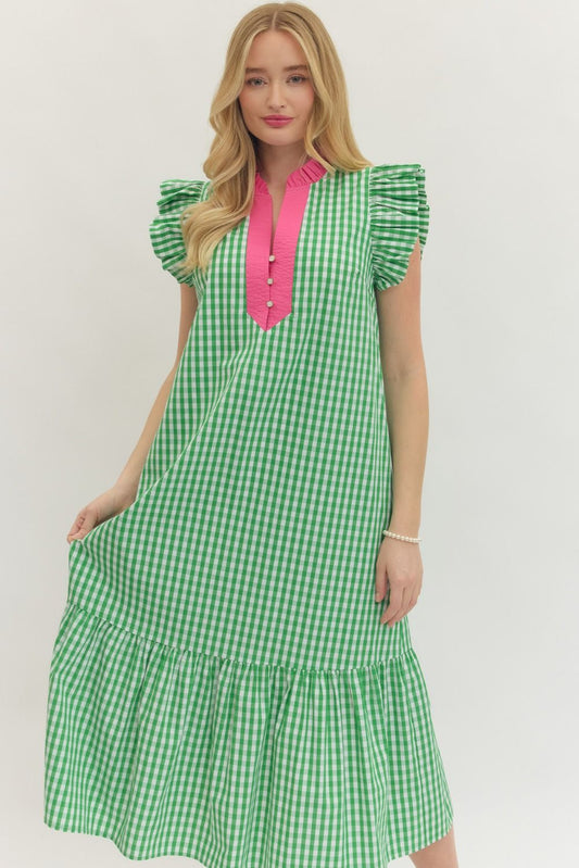 Spring Sweetheart Gingham Midi Dress - Green
