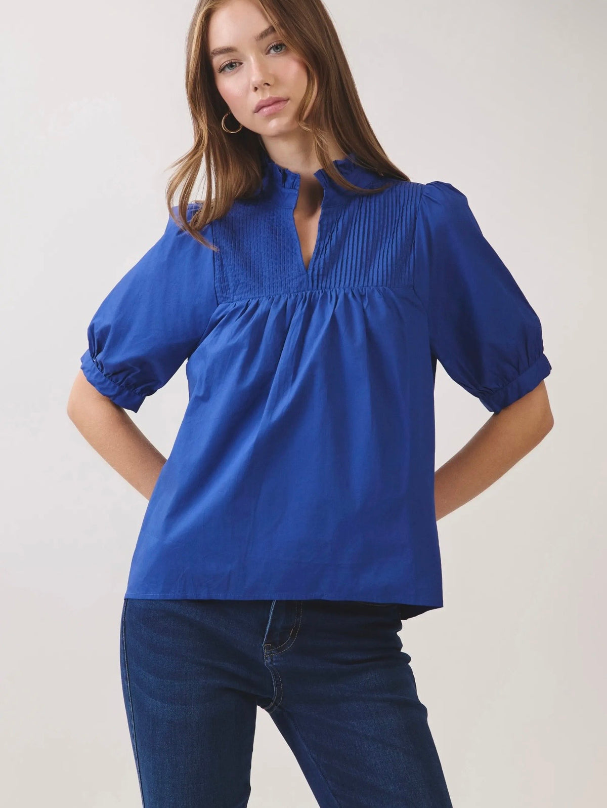 Pintuck Ruffle Neck Top