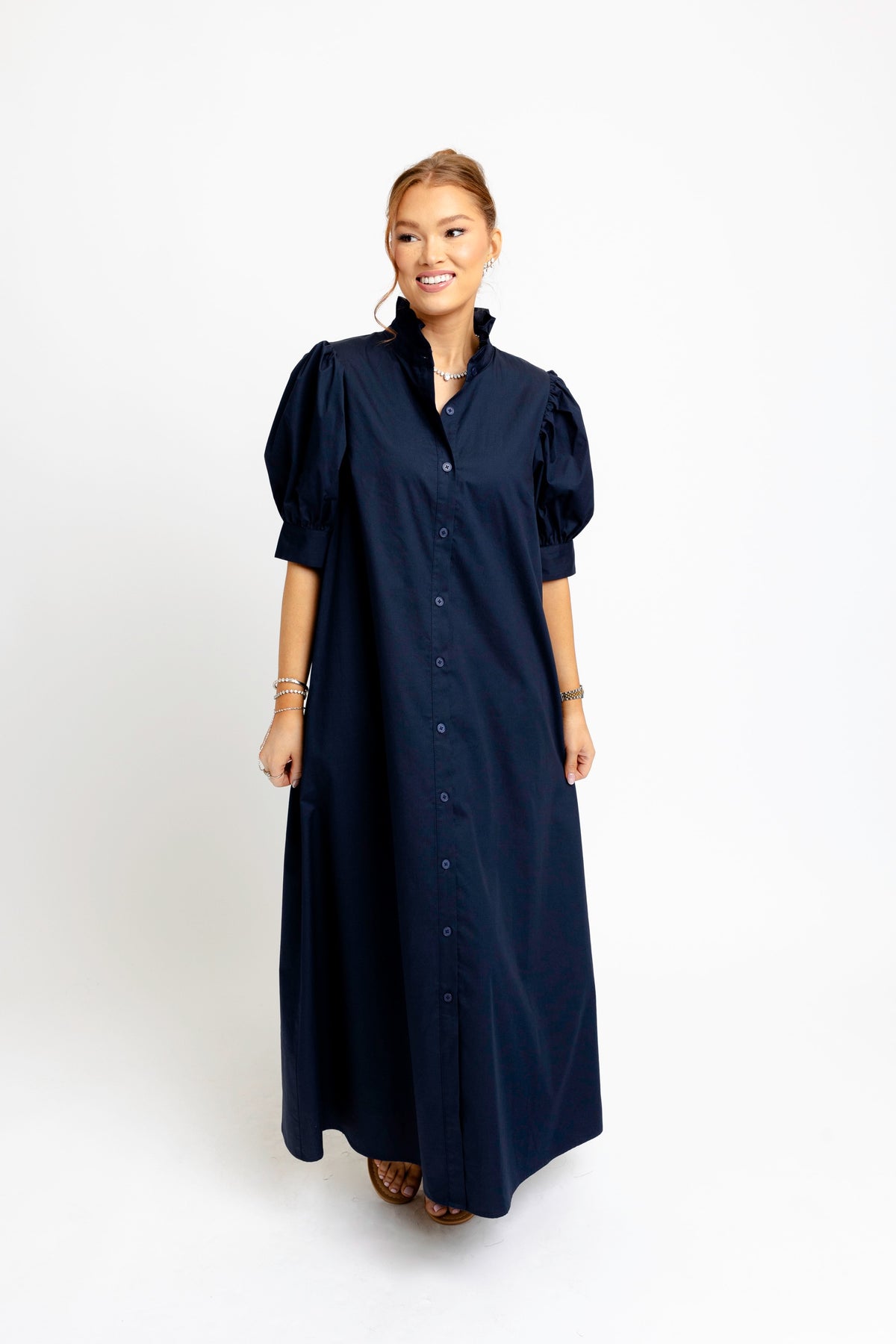 Navy Ruffle-Neck Maxi Shirt Dress