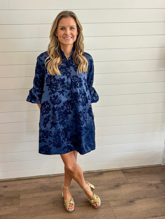 Jacquard Navy Floral Mini Dress