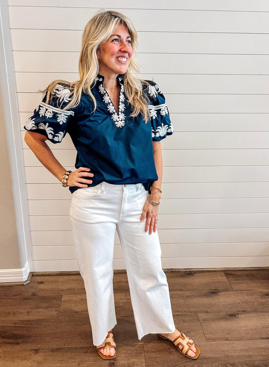 Solid Bubble Sleeve Embroidered Blouse - Navy