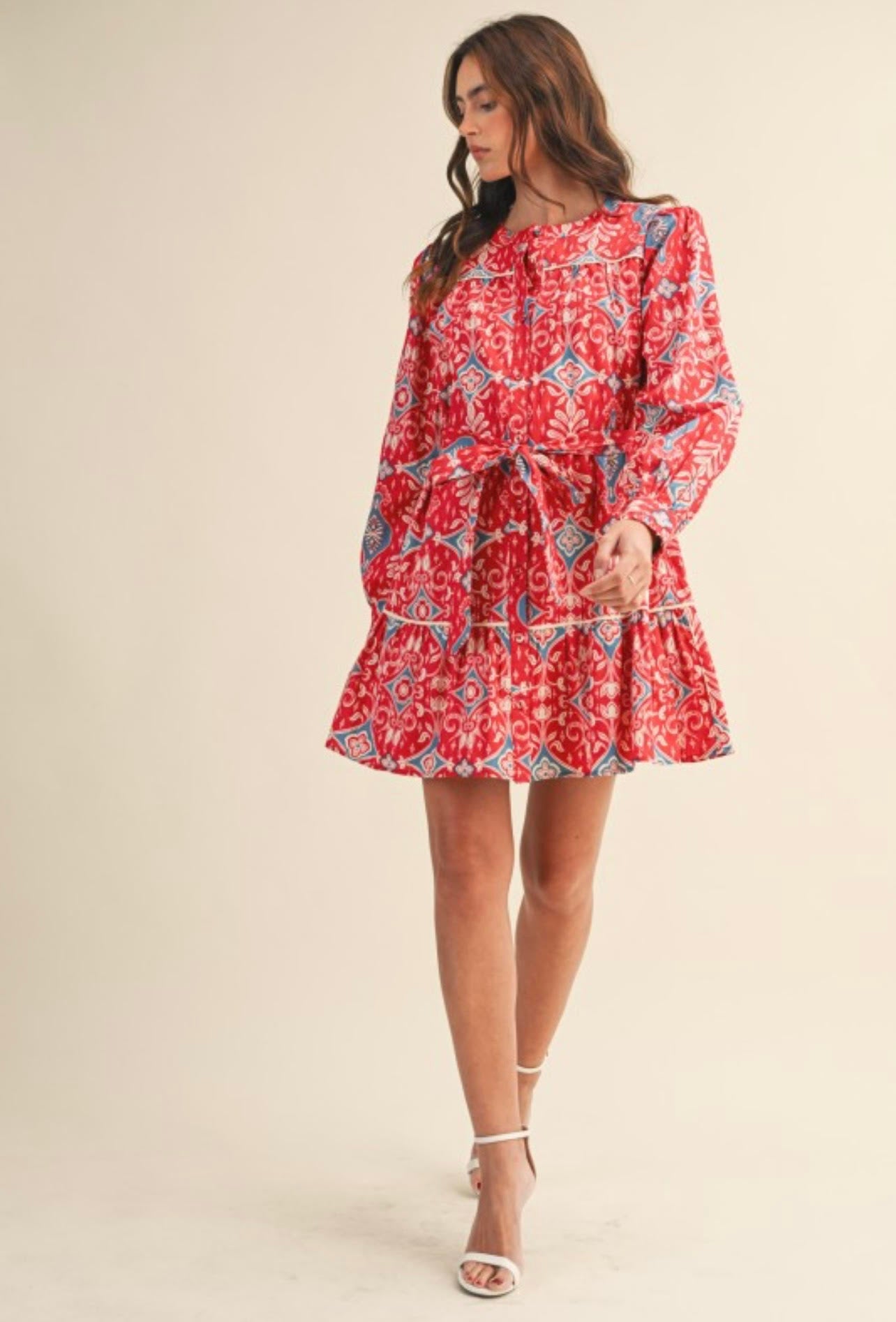 Bandana Print Long Sleeve Button Down Mini Dress