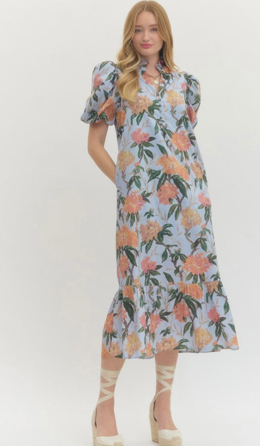 Floral Print Ruffled Neck Midi Dress