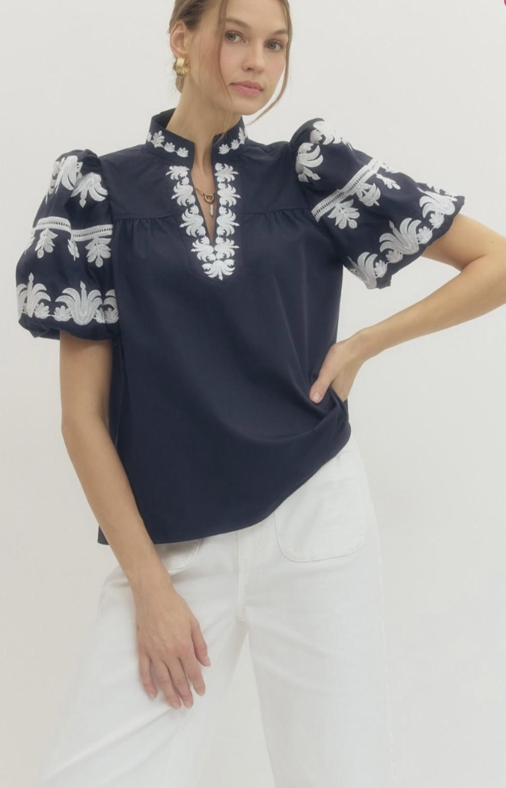 Solid Bubble Sleeve Embroidered Blouse - Navy