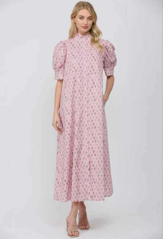 Pink Floral High Ruffled Neck Maxi Dress