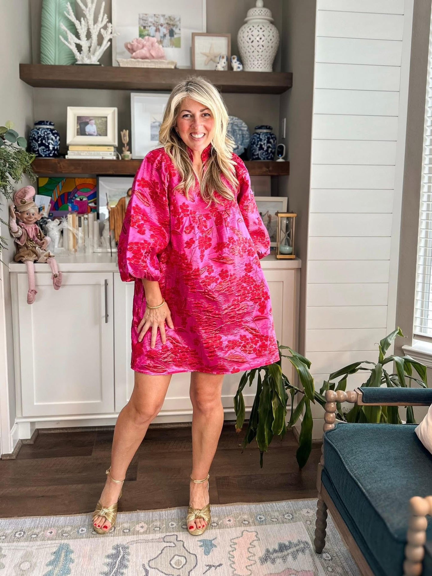 Ruffled Neck Floral Jacquard Dress