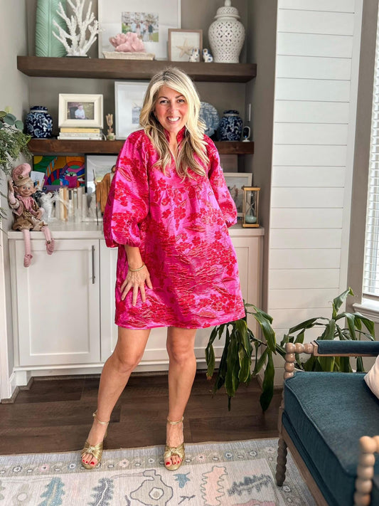 Ruffled Neck Floral Jacquard Dress