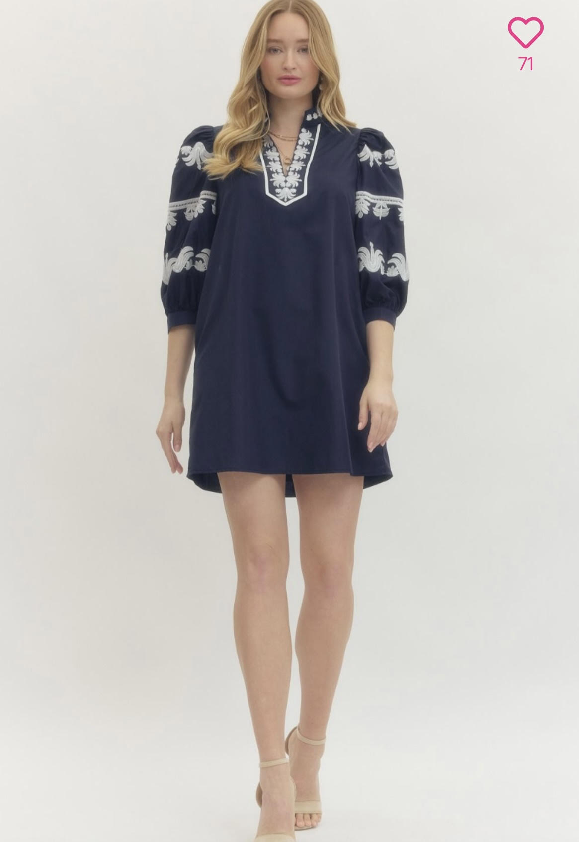 Solid 3/4 Puff Sleeve Mini Dress