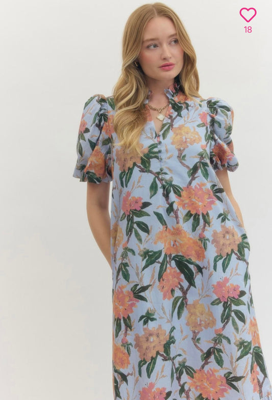Floral Print Ruffled Neck Midi Dress