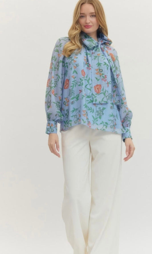 Floral Print Bow Detail Blouse - Blue