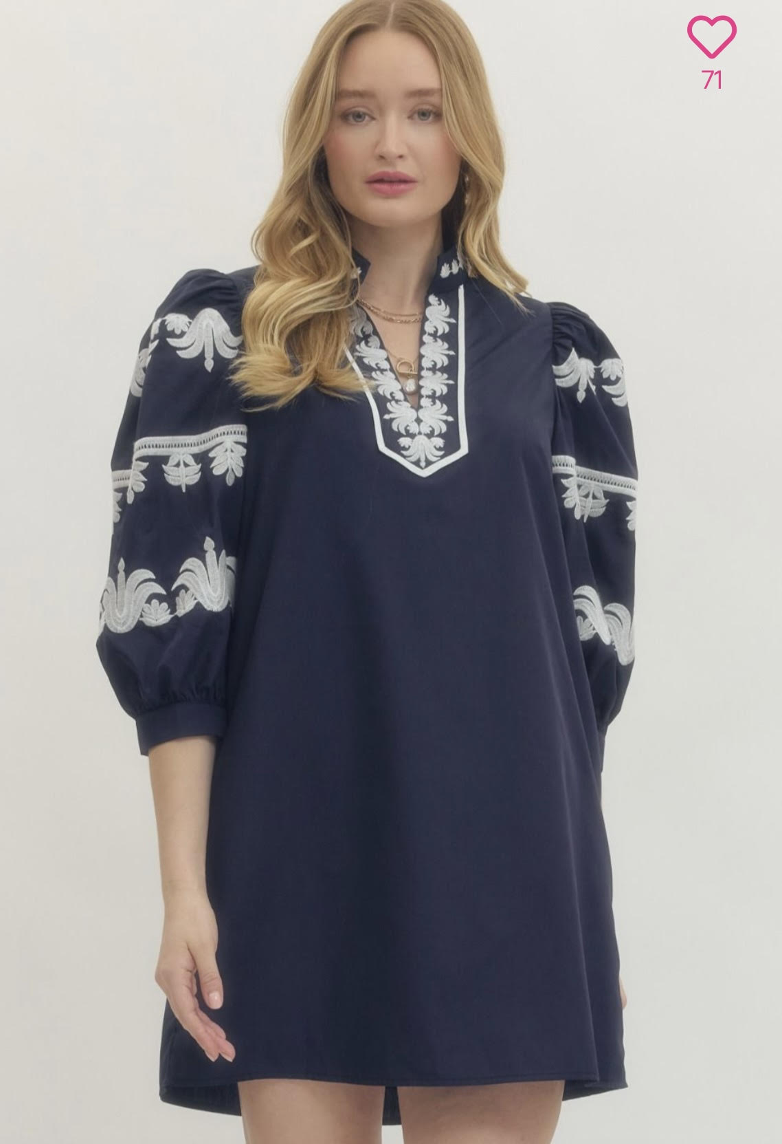 Solid 3/4 Puff Sleeve Mini Dress