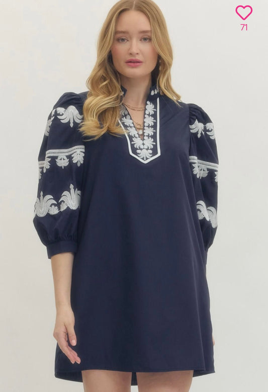 Solid 3/4 Puff Sleeve Mini Dress