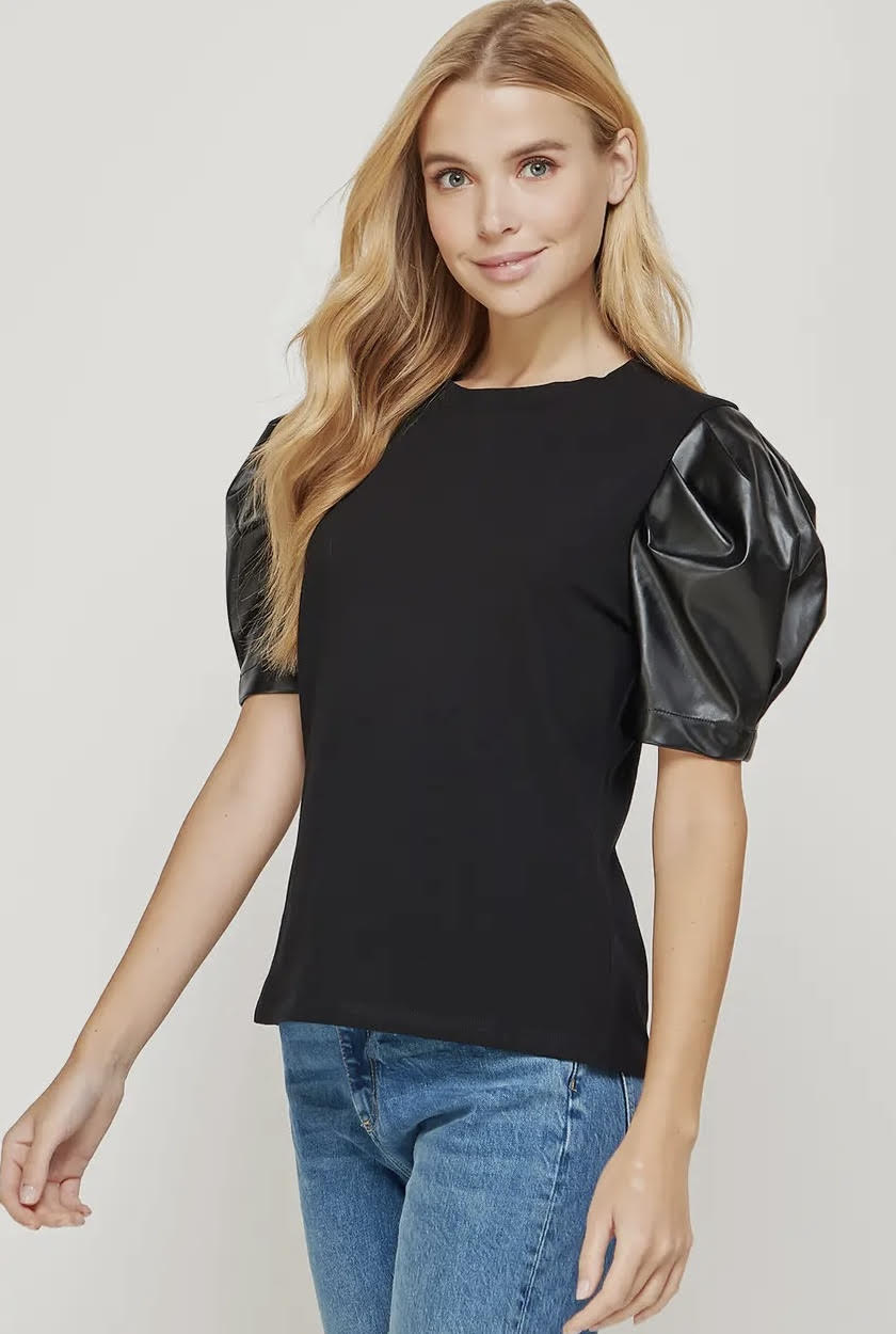 Faux Leather Puff Sleeve Top