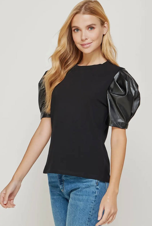 Faux Leather Puff Sleeve Top