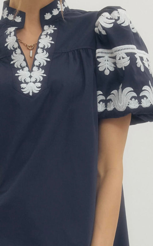 Solid Bubble Sleeve Embroidered Blouse - Navy