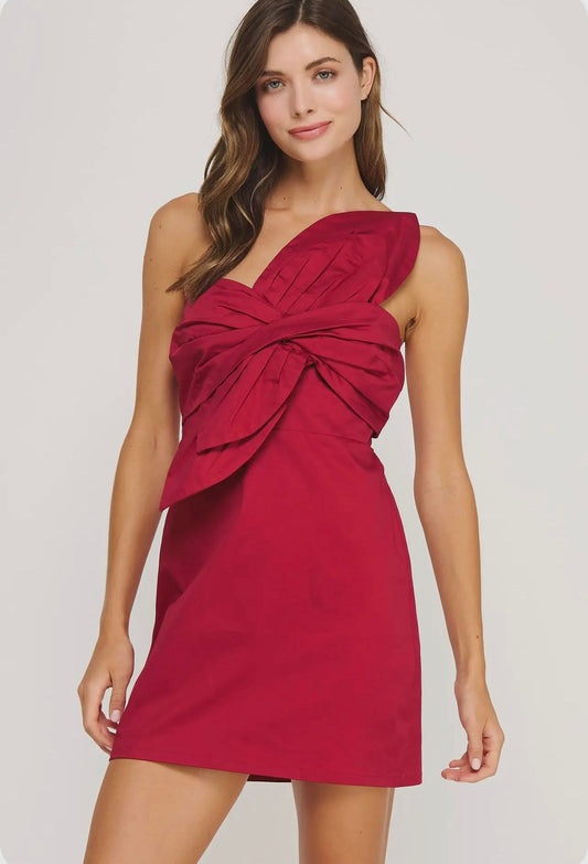 Knotted Flower Bow Mini Dress in Burgundy