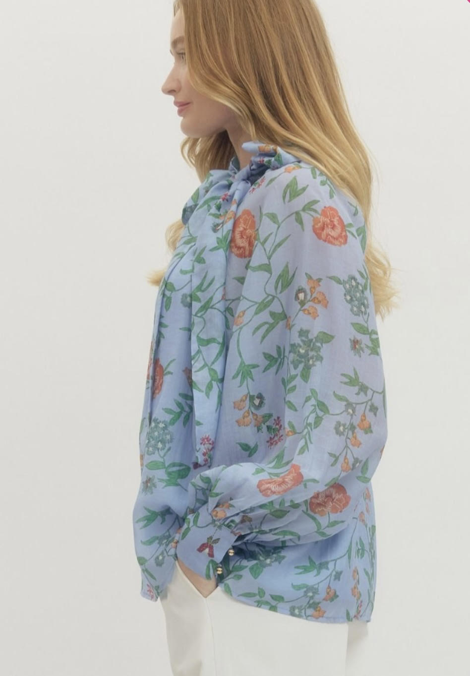 Floral Print Bow Detail Blouse - Blue