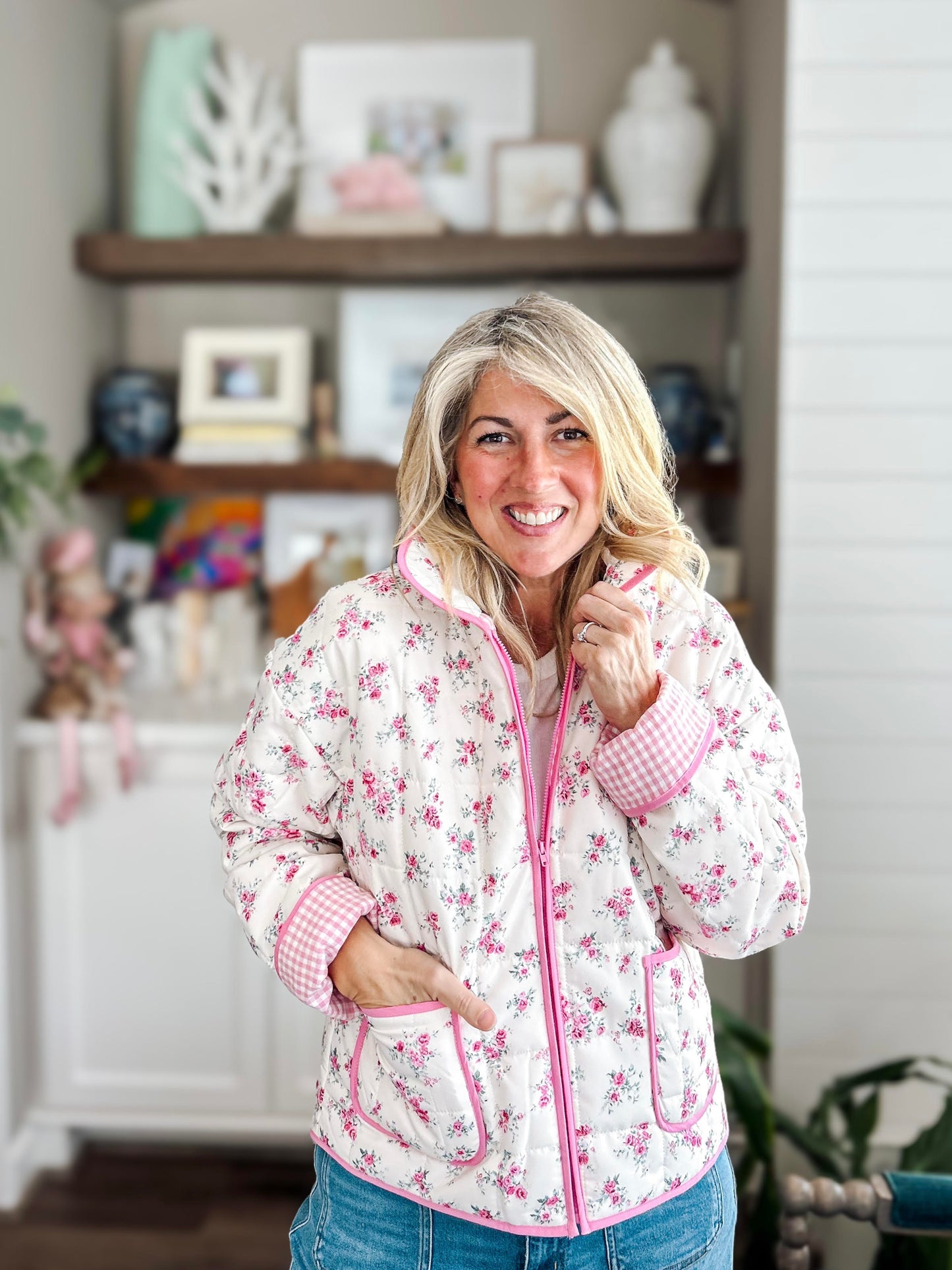 Pink Floral Quilted Puffer Jacket