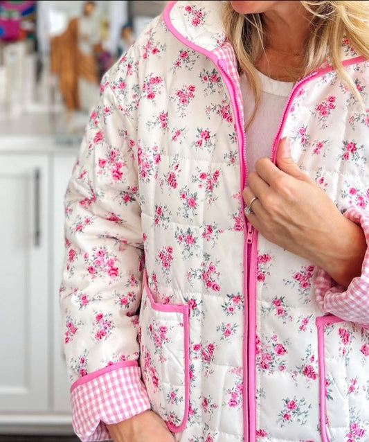 Pink Floral Quilted Puffer Jacket
