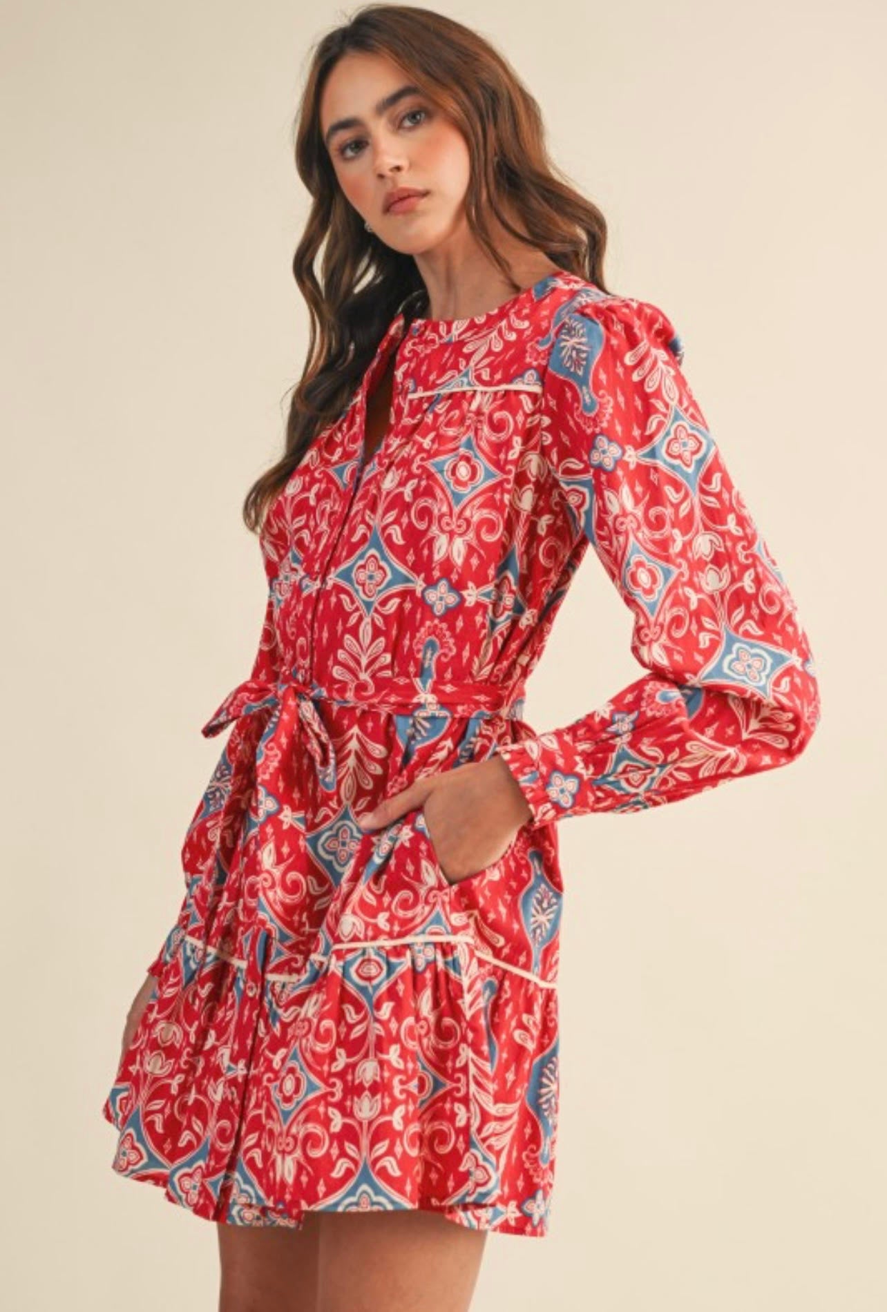Bandana Print Long Sleeve Button Down Mini Dress